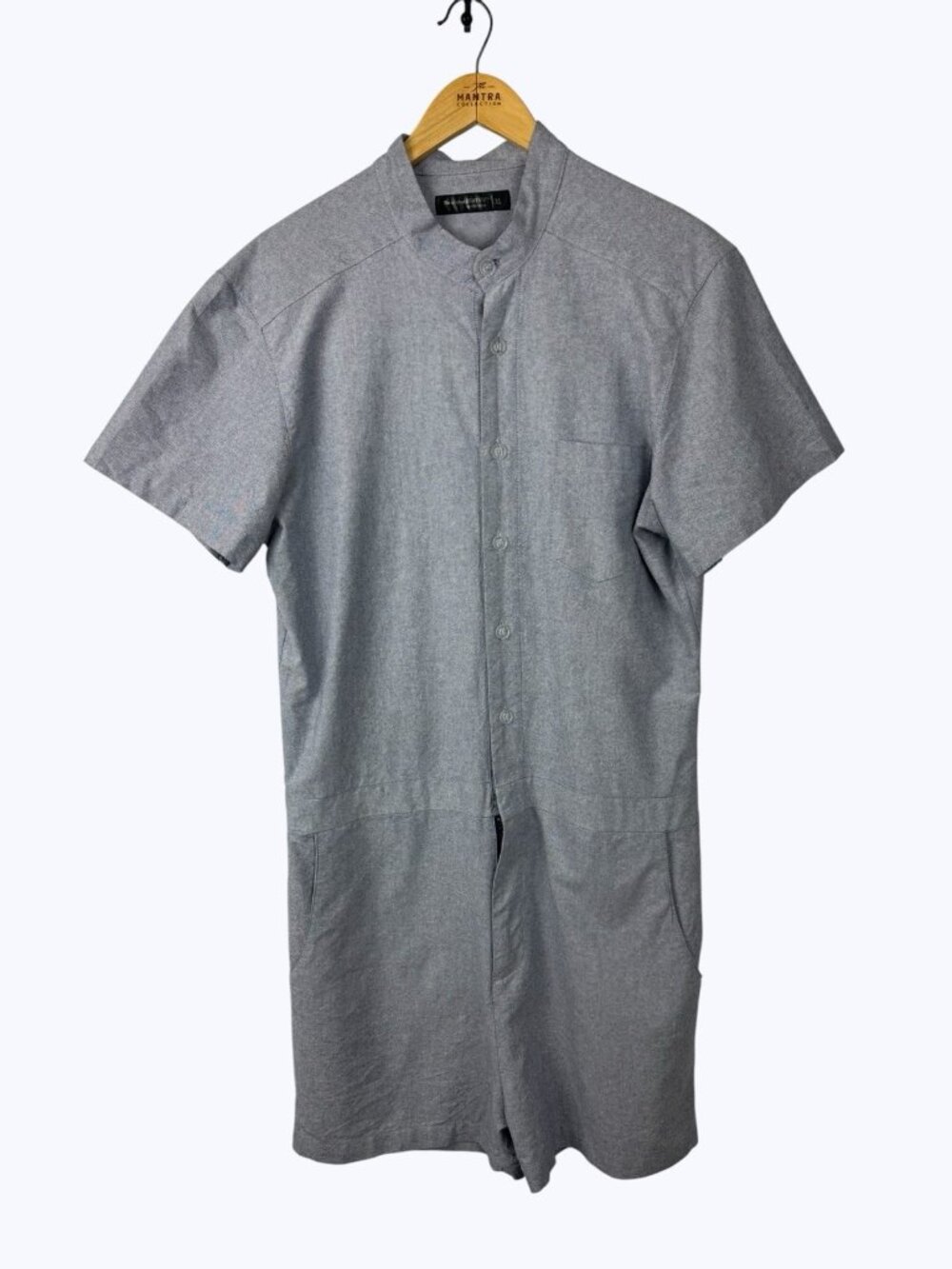 Romphim Mens Blue Oxford Shorts Romper Size XL Slim Fit Band Collar Short Sleeve